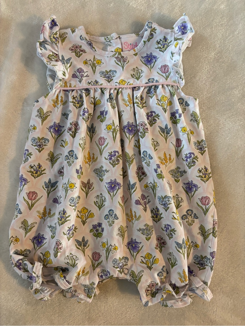 Stitchy Fish Vintage Vines Floral Bubble Romper 6 months